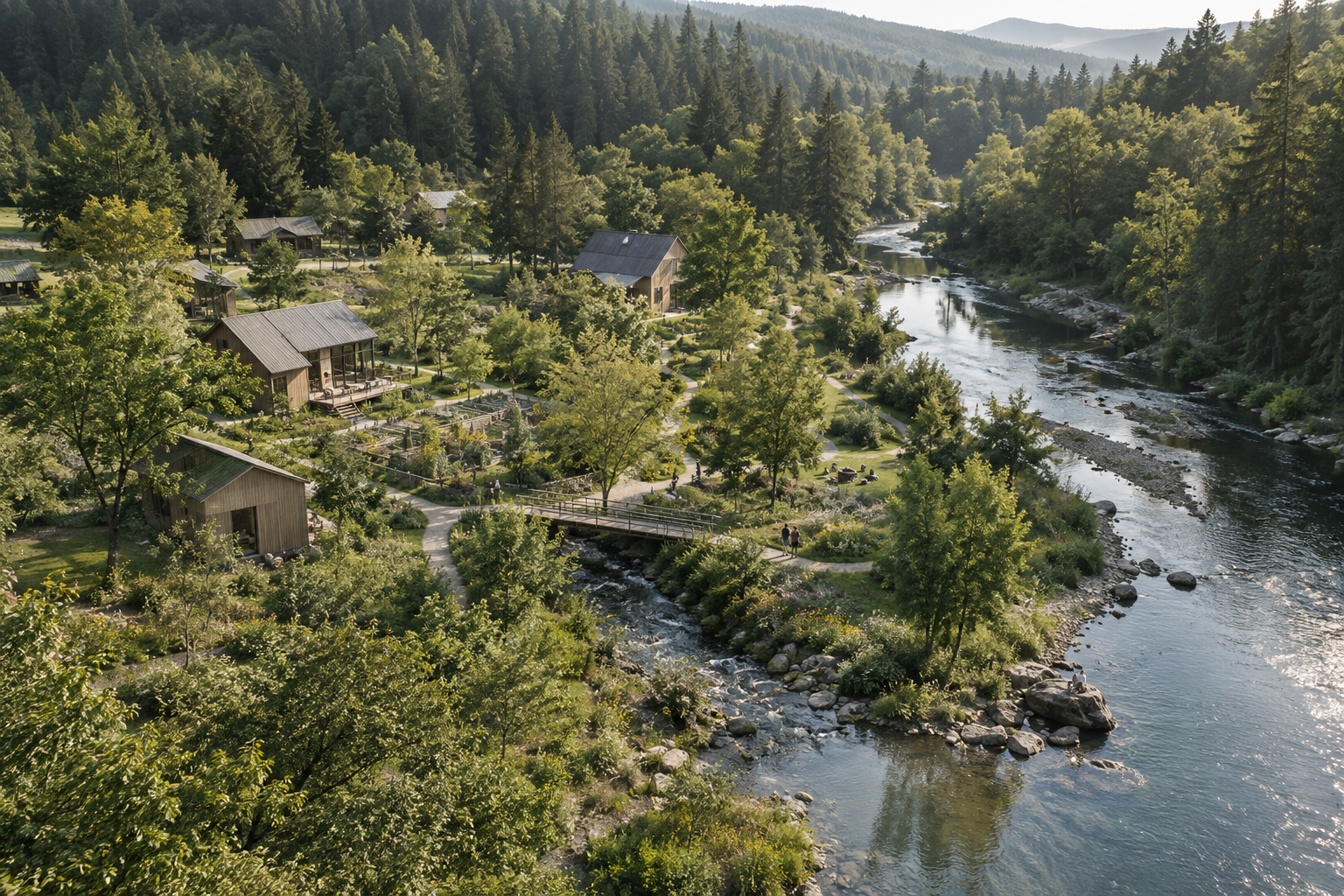 An imagined timber settlement with gardens and footpaths beside a river and forest.